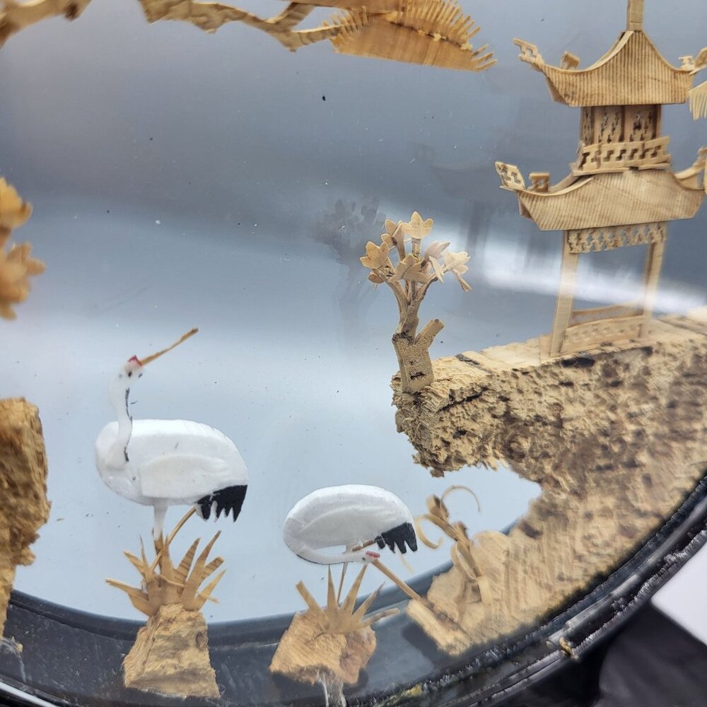 Vtg Chinese Hand Carved Cork Diorama Cranes Black Lacquer Art Stand 8.5" x 6.25" - Picture 6 of 13